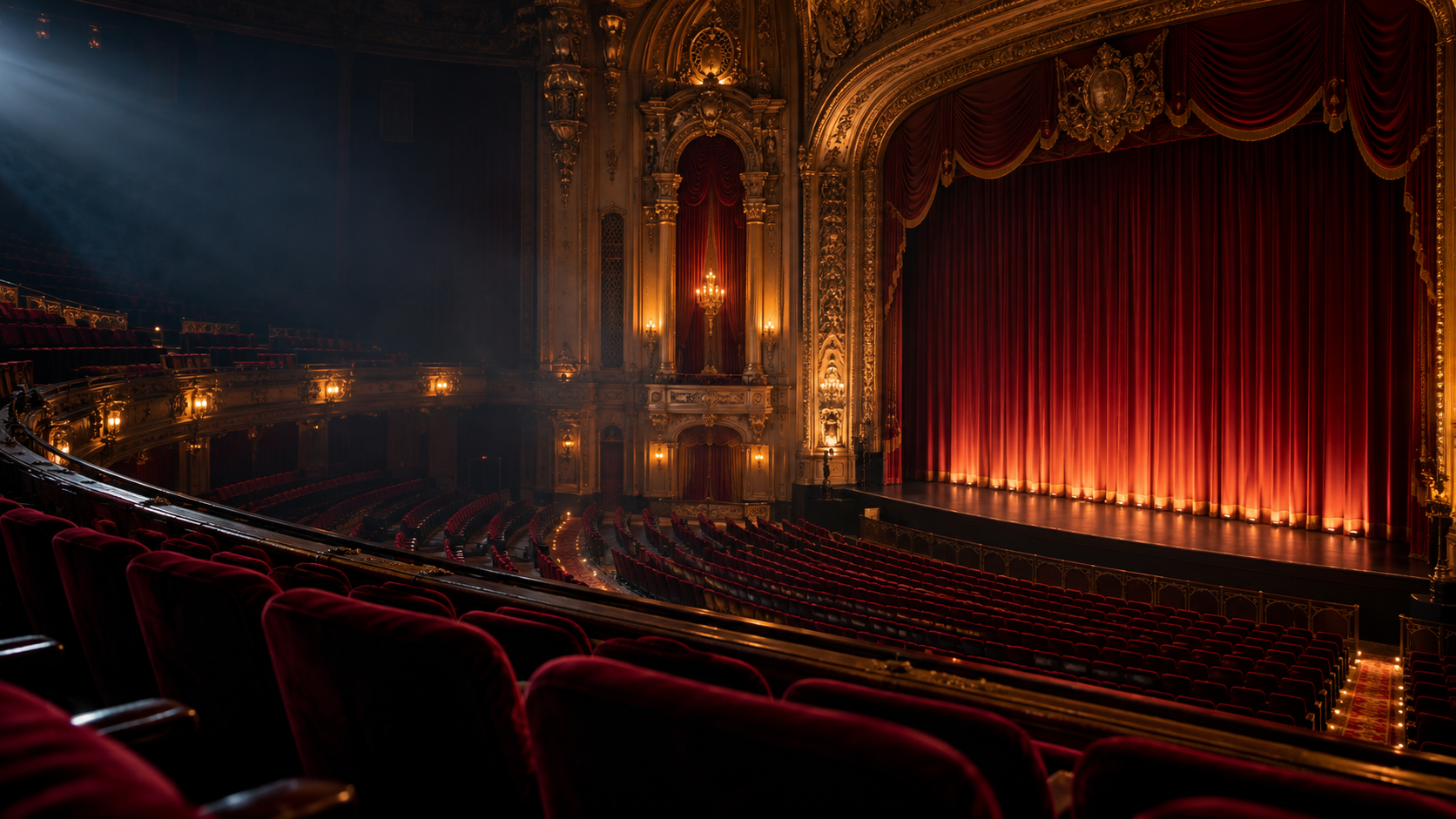 An empty historic movie theater with illuminated stage