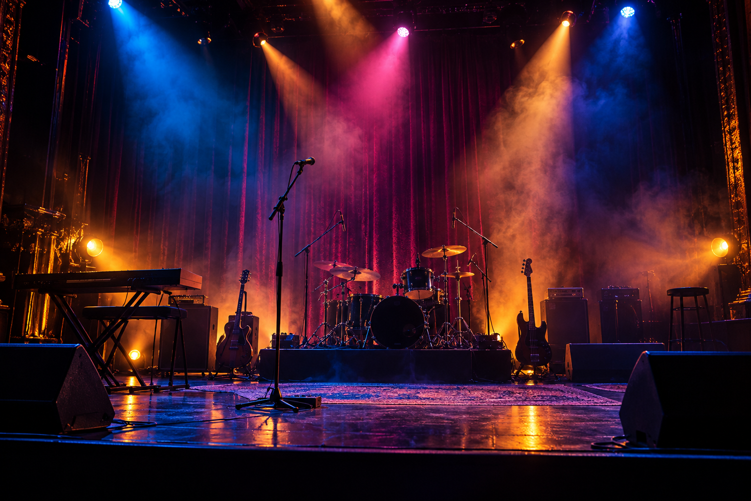 An empty concert stage illuminated with colored spotlights
